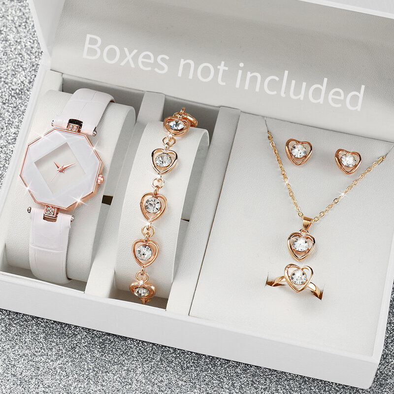 6pcs/set Luxury Women Rhombus Case Quartz Watch & Love Heart Diamond Jewelry Set