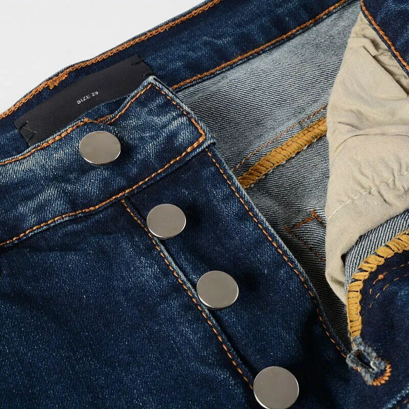 High Street Fashion Men Jeans Retro Dark Blue Stretch Skinny Fit Ripped Jeans Men Leather Patched Designer Hip Hop Brand Pants