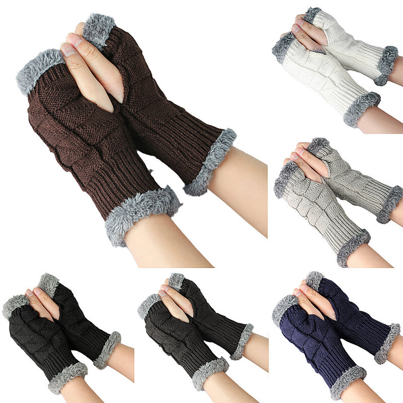 Women Plush Knitted Gloves Winter Thicken Warmer Fluffy Imitation Rabbit Fur Half Finger Mittens Fingerless Touch Screen Gloves