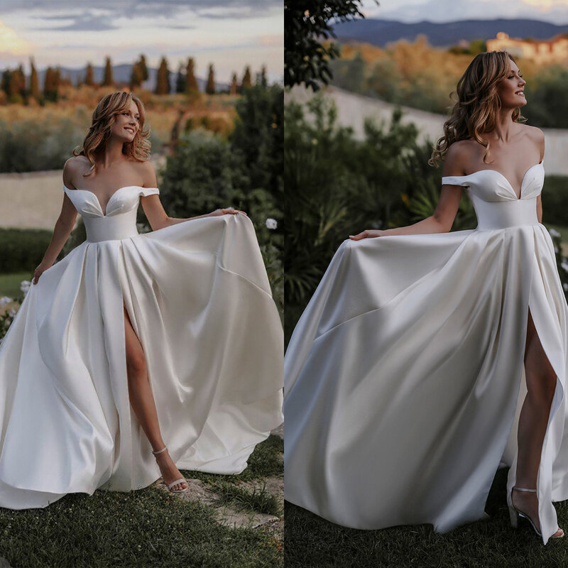 فستان زفاف من الساتان بتصميم بسيط ، مكشوف الكتفين ، أبيض ، فساتين زفاف بخط ، مصنوع خصيصًا