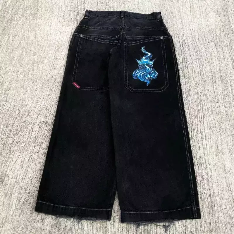 Hip Hop Wide Leg Trouser Casual Loose Y2k Streetwear Black Denim Pants Vintage Graphic Print Baggy Jeans High Waist Pant For Men
