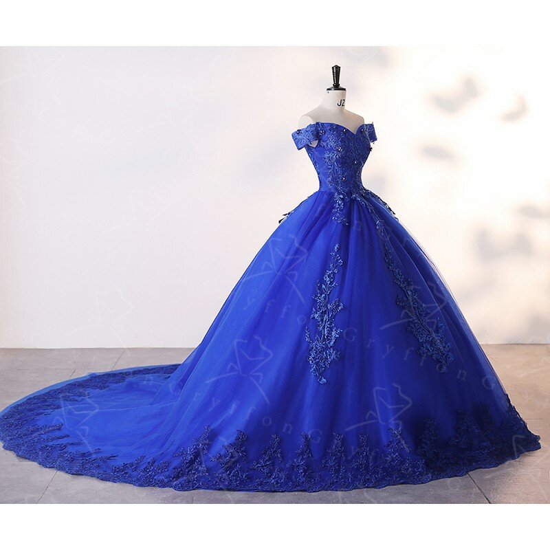 Autunno nuovi abiti blu abito Quinceanera con Trian elegante abito da ballo con spalle scoperte abito da festa di lusso Plus Size abito da ballo