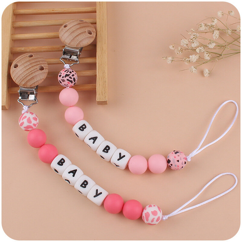 Personalized Name Pacifier Clip Chain Water To Print Silicone Beads Teether Chain for Baby Teething Chew Toy Nipple Dummy Holder