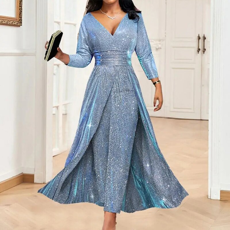 Hem Banquet Playsuit Women Business Jumpsuit Sparkling Sequin Gown Jumpsuit V-neck Romper with Long Sleeves High for Banquets