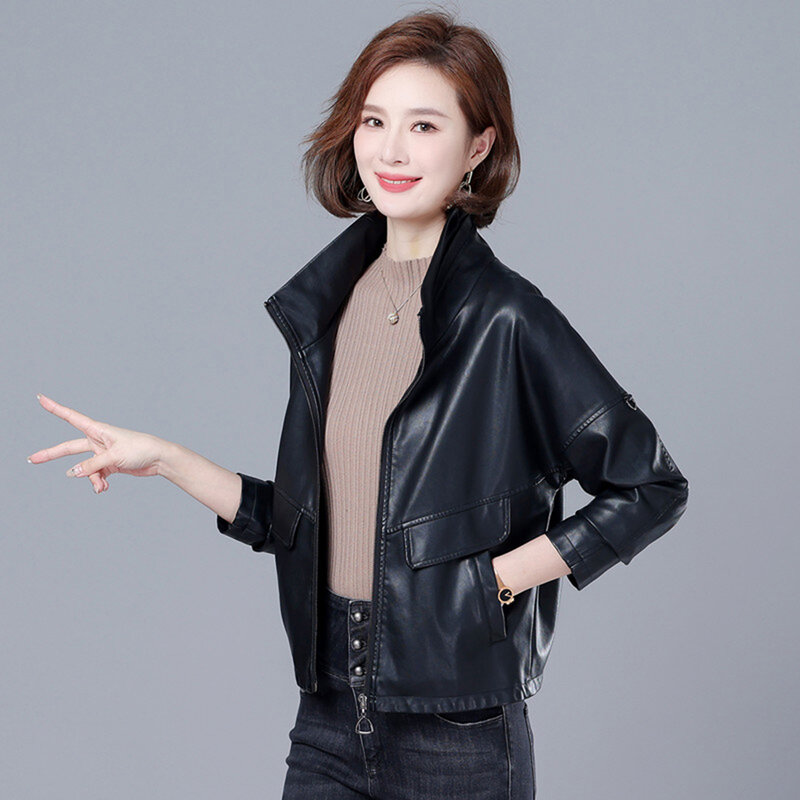 New Women Sheep Leather Jacket Spring Autumn Fashion Stand Collar Casual Loose Split Leather Outerwear Short Leather Coat