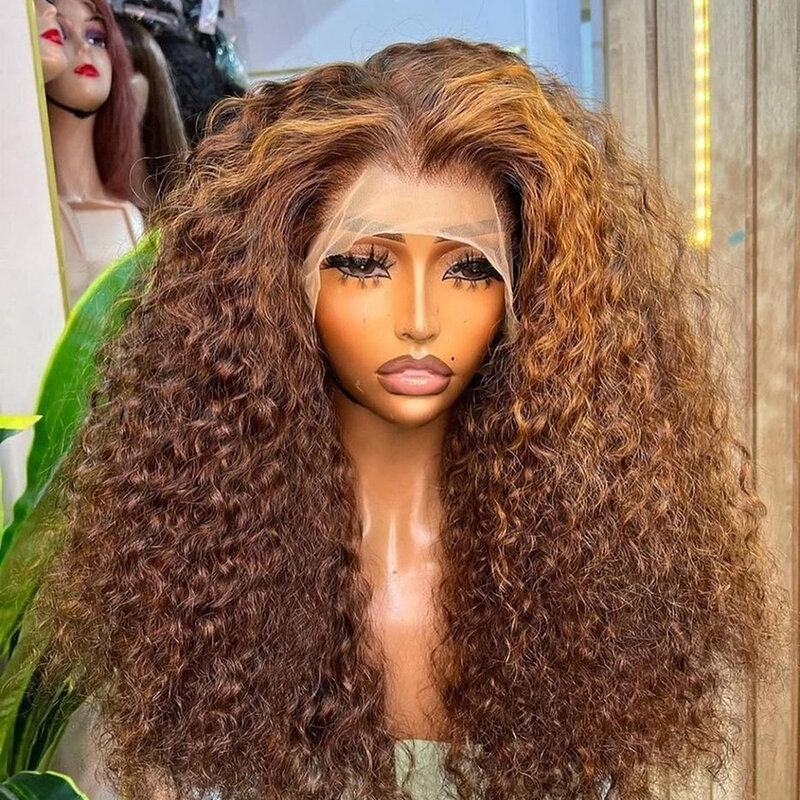 Peluca de cabello humano rizado para mujer, postizo de encaje Frontal de onda profunda de 13x4, 13x6, Hd, color marrón miel, sin pegamento, 30 pulgadas