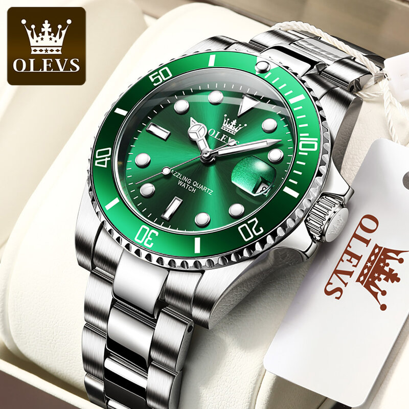 Olevs-男性と女性のための防水クォーツ時計、オリジナルの腕時計、高級ブランド、カレンダー週、プルオーバー、緑、ロマンチック