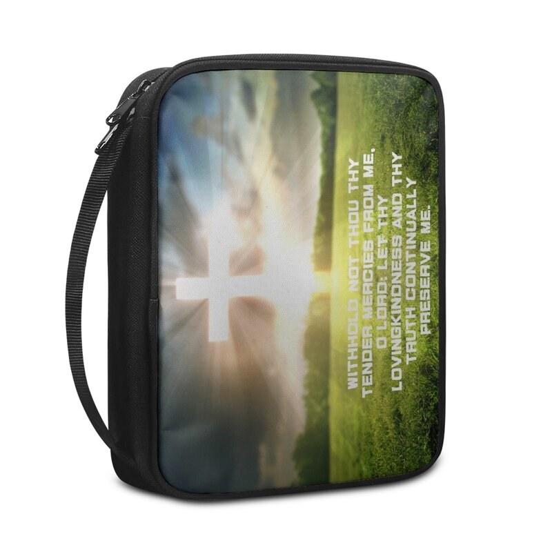 Green Translucent Cross Grass Exquisite Pattern With Handle And Zipper Pocket Christian Bible Cover Women's Portable Handbag