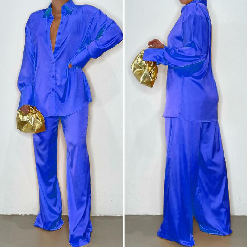 2023 Elegant Satin Women's Matching Sets Casual Long Sleeve Shirt Straight Pants Suit Female Loose Solid Tops Two Pieces Outfits