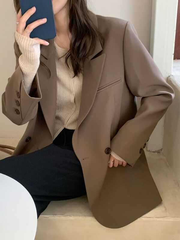 Blazers Women Double Breasted British Style Loose Casual Autumn New Fashion Notched Streetwear Female Temperament Chic Ulzzang