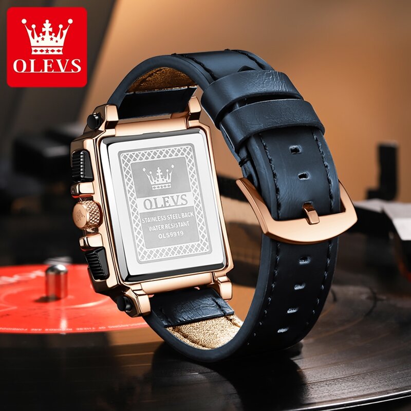 Olevs-男性用ブルースクエアクォーツ時計、レザーストラップ、クロノグラフ、メンズ腕時計、高級ファッション、トップブランド