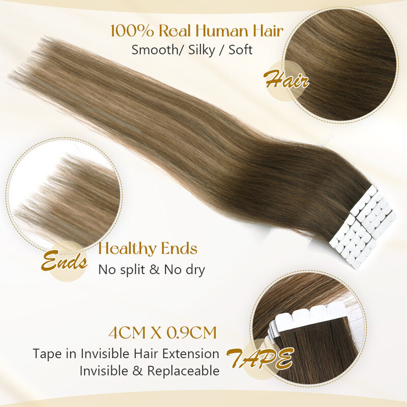ZURIA 8Pcs Mini Tape In Hair Extensions Human Hair Balayage Hair Invisible Skin Weft Adhesive 100% Natural Real Wigs For Women