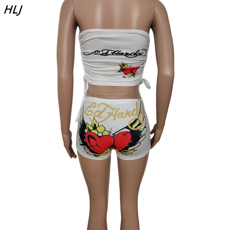 HLJ-Shorts e top sem costas sem mangas para mulheres, streetwear, ombro fora, tubo com impressão graffiti, moda Y2K, conjuntos de 2 peças