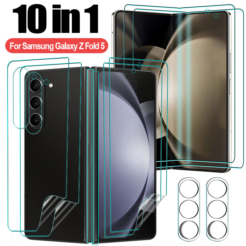 Pelindung layar bening Cover penuh 10 In 1 untuk Samsung Galaxy Z Fold 5 ZFold5 5G lensa Film hidrogel belakang depan Tempered Galss