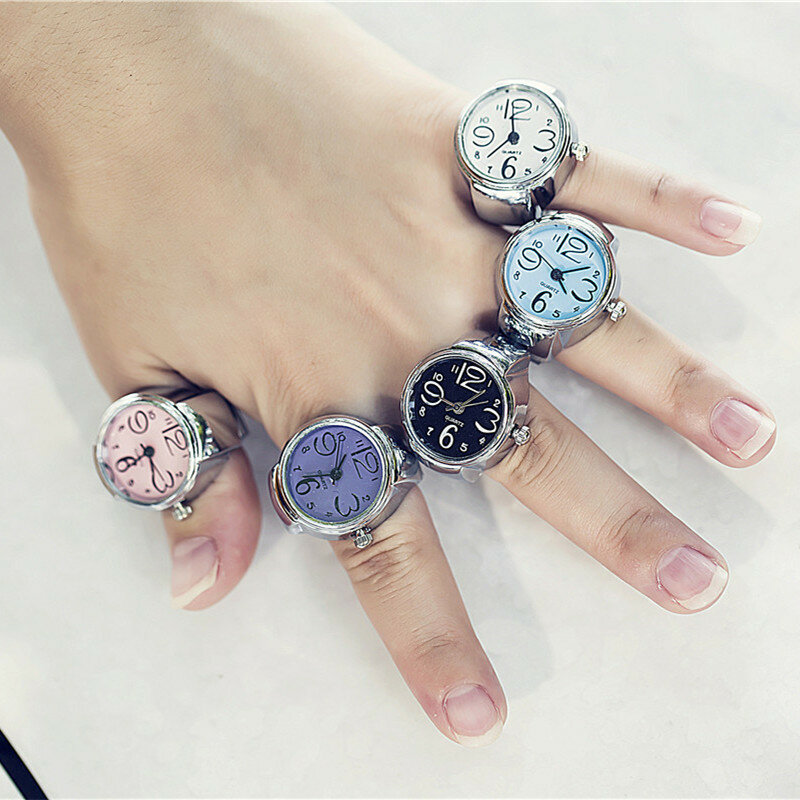 Relógio de dedo do vintage mini pequena cinta elástica liga relógios feminino anéis jóias relógio numerais romanos feminino relógio de quartzo anel