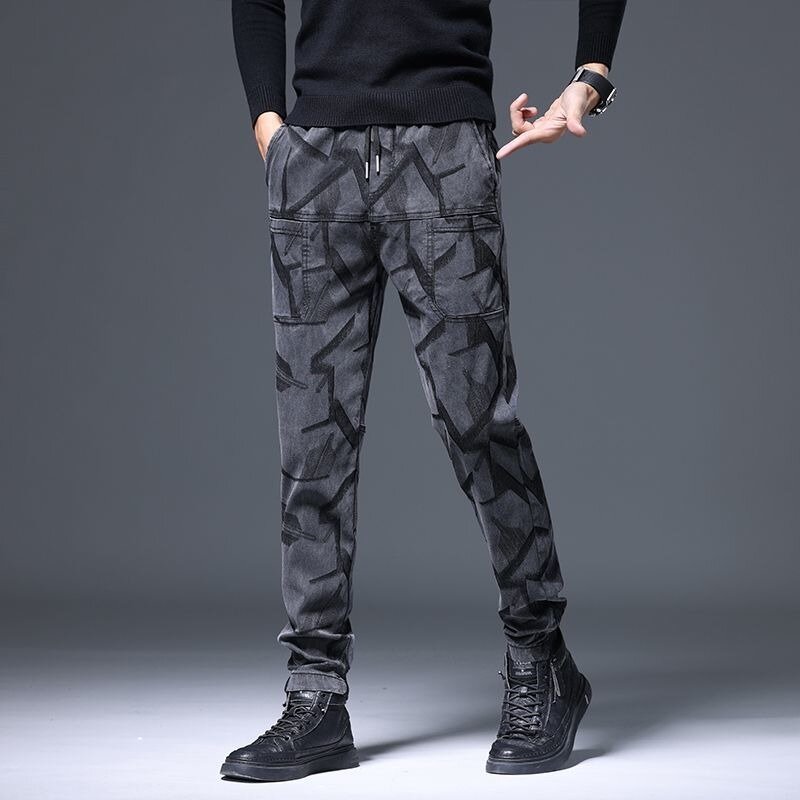 2023 Spring Autumn New Six Pockets Jacquard Casual Waistline Pants Men Slim Feet Stretch Everything Youth Trend Long Trousers