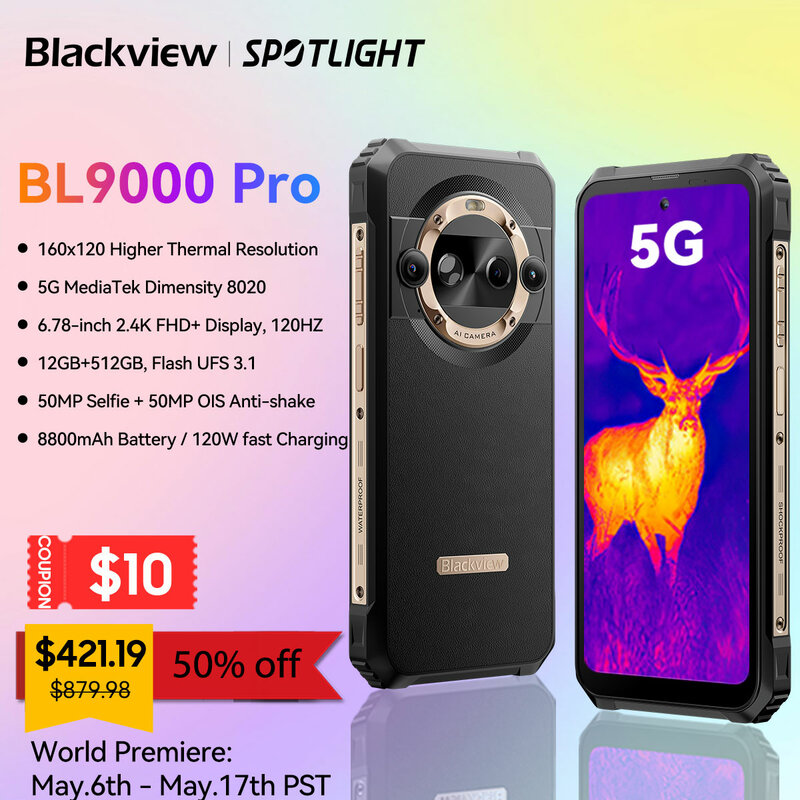 Blackview-スマートフォン,bl9000 pro,5g,頑丈,赤外線カメラ,解像度6.78インチ,fhd,12GB RAM, 512GB ROM,ワールドプレミア®Android 14, 8800mAh, Android 14