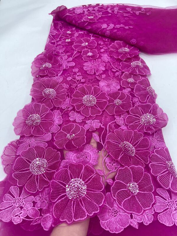 Tela de encaje de tul de flores 3D francesas de lujo para costura de fiesta, bordado nigeriano y africano, alta calidad, 2024