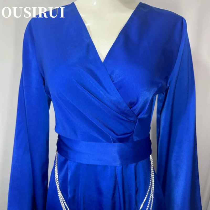 OUSIRUI-Elegante vestido de cintura alta feminino, monocromático, decote em v, decoração de metal, manga comprida, Ins e EBAY, nova chegada