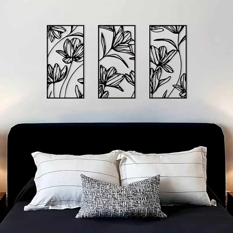 3 pzmodern Abstract Black Metal Line Art Hanging Wall Art, decorazioni da parete con fiori in metallo, decorazioni da parete per la casa minimaliste