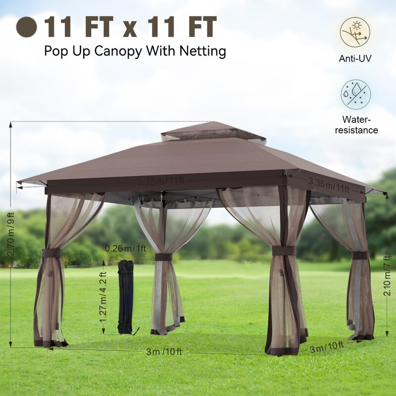 11x11 outdoor pop-up pavilion - double roof ventilated terrace pavilion canopy, used for backyard shading platform, garden lawn
