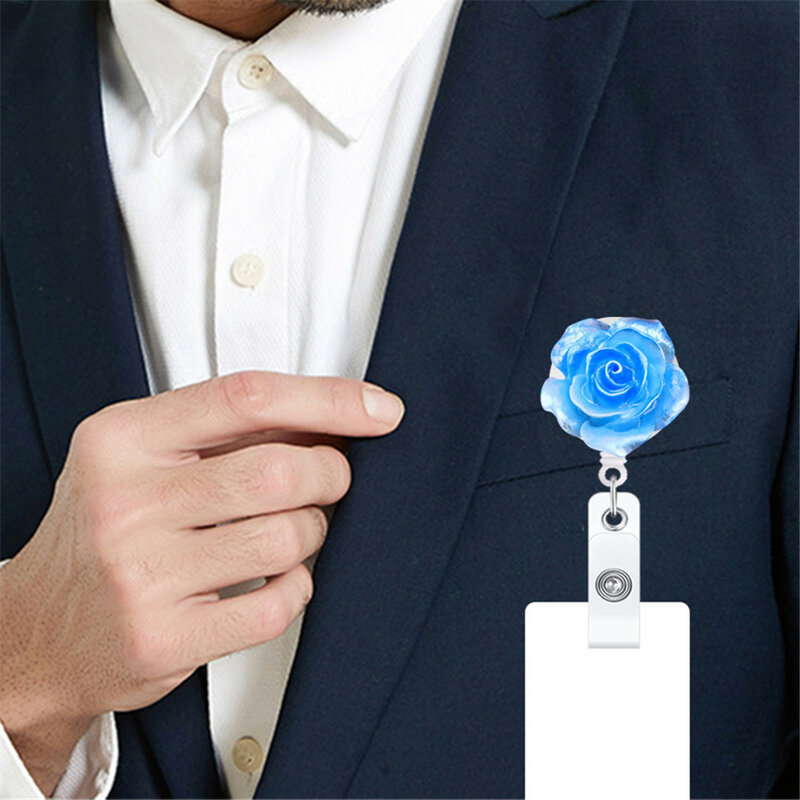 8 Color Fashion Cute Flower Retractable Nurse Badge Reel Clip Gradient Rose Badge Holder Students Doctor ID Card Holder Keychain