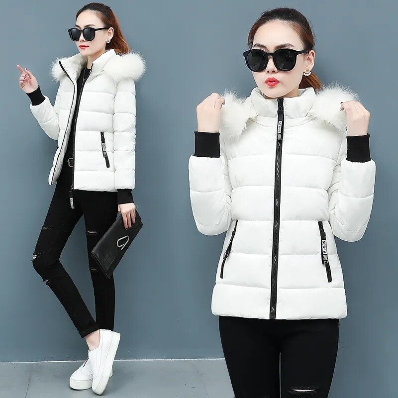 2023 New Winter Jacket Women Parka Fur Collar Hooded Thick Warm Female Coat Casual Outwear Down Cotton Jacket Puffer Parkas