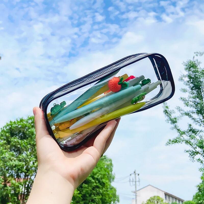 Transparent PVC Zip Pencil case Black and white Large Bag Stationery Pouches Pencil Student Simple Zipper Capacity Kawaii A8G7