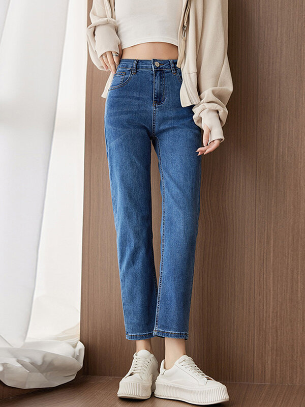 Jeans Wanita Biru Gelap untuk Anak Perempuan Panjang Pergelangan Kaki Y2k Streetwear Pinggang Tinggi Mode Korea Pakaian Antik Celana Lurus untuk Wanita