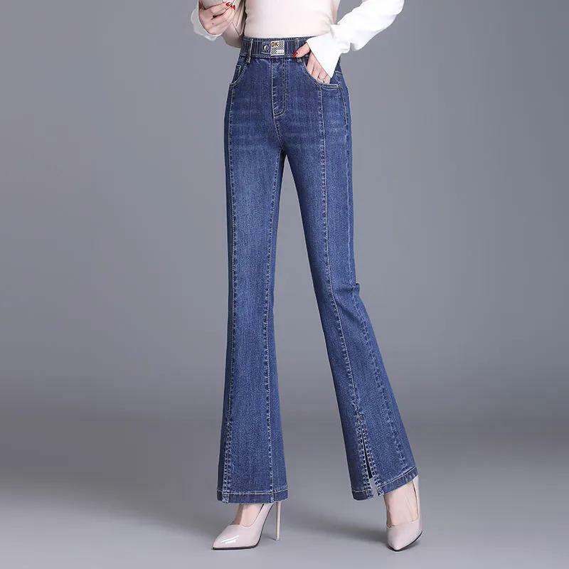 Streetwear Jeans Split Flare Wanita Fashion Denim Band Elastis Pinggang Tinggi Celana Penuh Musim Semi Musim Panas Celana Panjang Lurus Kasual Tipis
