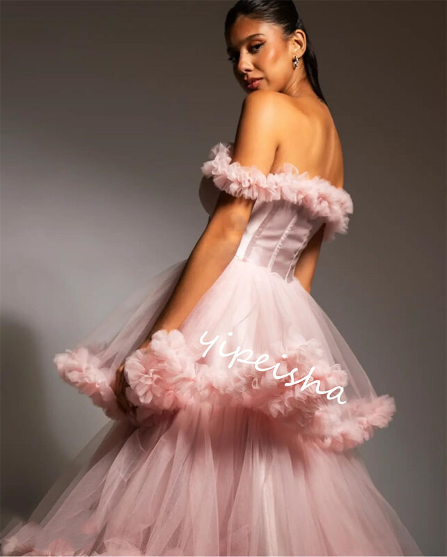 Sukienka balowa Wieczór Studniówka Tiulowa wielowarstwowa suknia plisowana Odkryte ramiona Okazja na zamówienie Długie es