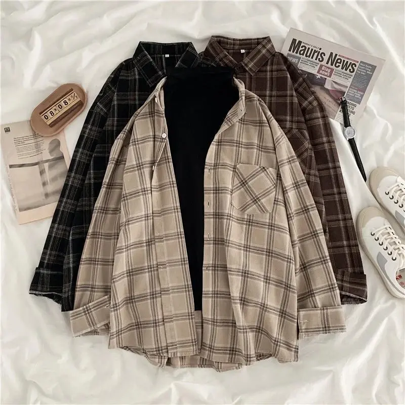 Chemise à carreaux Vintage pour femmes, manches longues, surdimensionnée, à boutons, mode coréenne, vêtements d'extérieur, automne 2021
