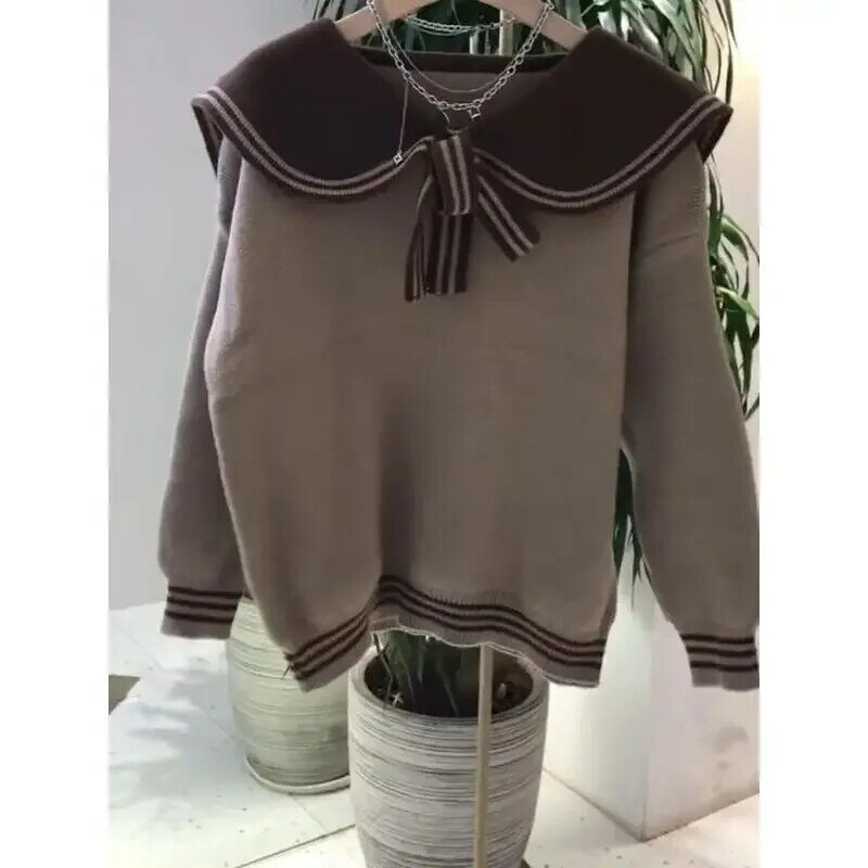 2023 Autumn And Winter New Polo Neck Bow Sweater Design Feel Loose Lazy Casual Knit Top For Women