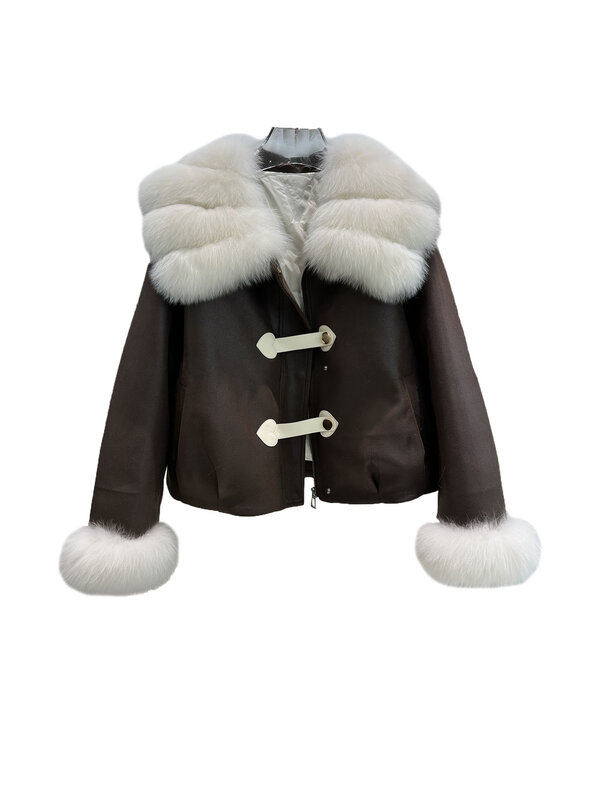 Abrigo corto de piel con solapa, empalmado Cuello de piel, diseño cálido y cómodo, novedad de invierno, 2023, 1218