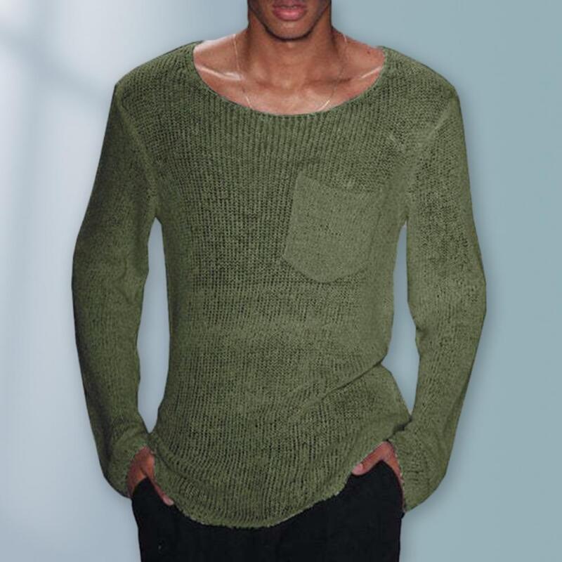 Suéter de punto con cuello redondo para hombre, Jersey informal con estilo, Color sólido, diseño ahuecado, ajuste suelto, informal, A
