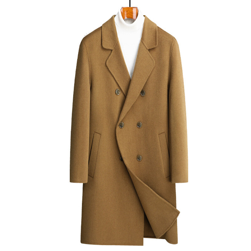 Przystojny męski ciepłe kurtki długi wełniany w jednolitym kolorze z dwurzędowymi jesiennymi i zimowymi płaszczami do codziennego odzież biznesowa