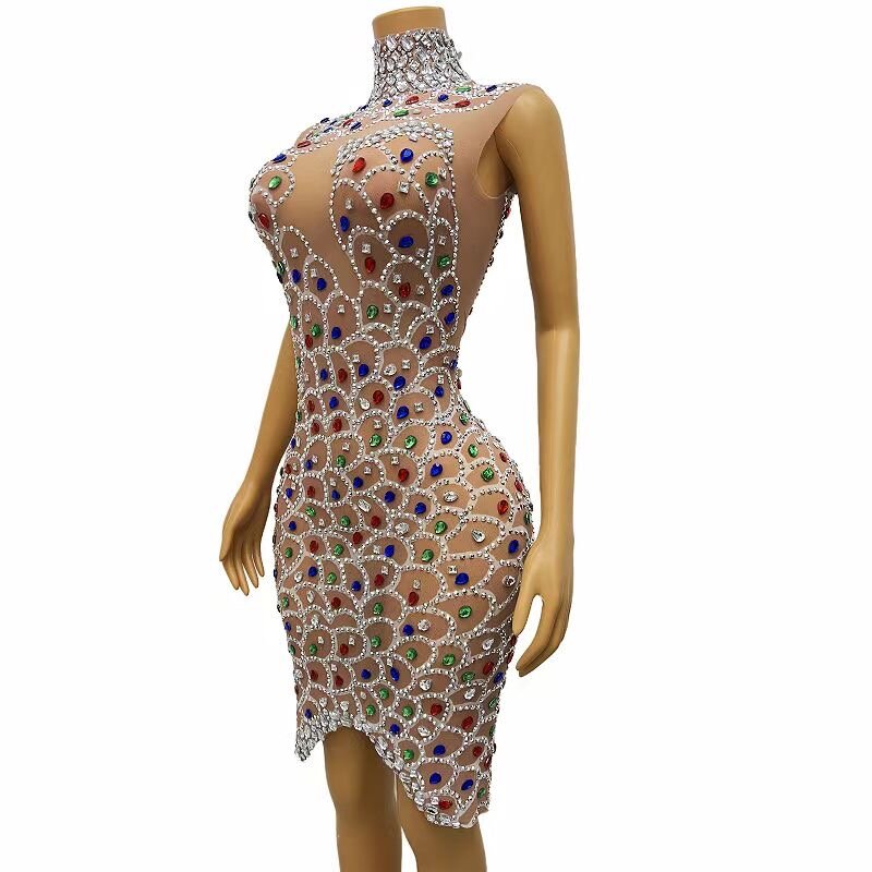 فستان رقص بلا أكمام مع أحجار الراين ، زي شفاف ، شبكة عارية ، متعدد الألوان ، احتفال مسائي ، عرض Yulin ، C111