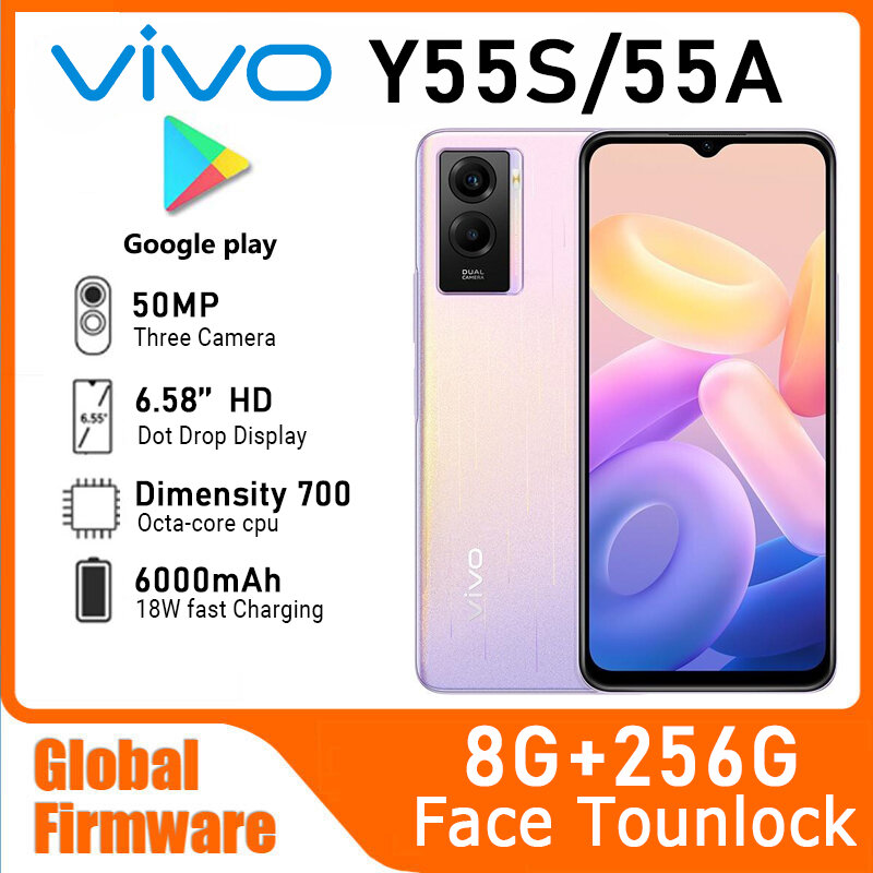 Смартфон Vivo Y55S/Y55A с глобальной прошивкой, 6,58 дюйма, 60 Гц, MTk Dimensity, 700 дюйма, основная камера 50 МП, большой аккумулятор 6000 мАч, 18 Вт, Android 11