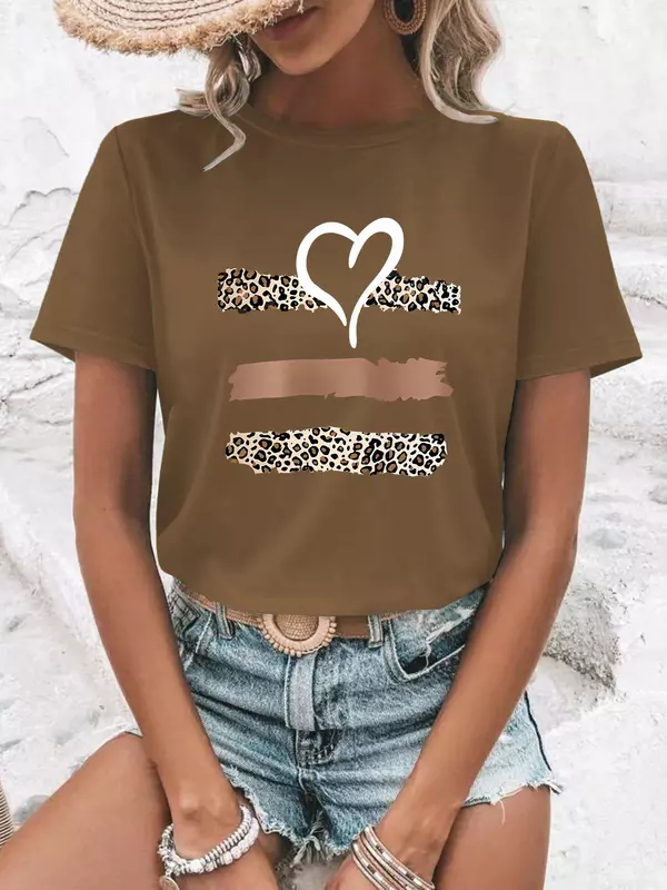 Camiseta solta de manga curta feminina, estampa de leopardo, gráfico do coração, gola redonda, blusa feminina, roupa de verão, nova, Y2k