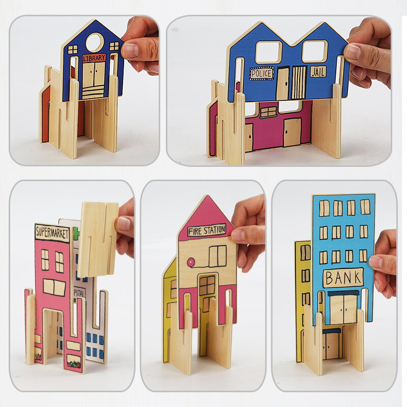 Juego de casas Waldorf para niños, pueblo de construcción de madera, bloques de construcción, juego de rompecabezas arquitectónico 3D