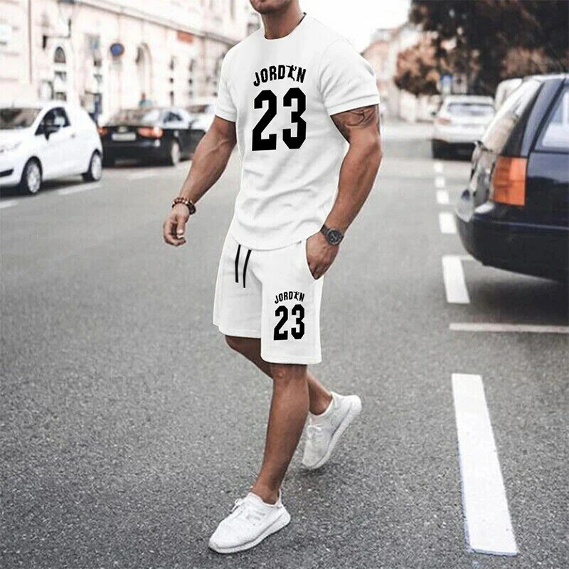 Black Men's Summer Mesh Hip-Hop Basketball T-Shirt 23 Printed Men Suits Leisure Sportswear Streetwear Shorts + Tops 2-Piece Set