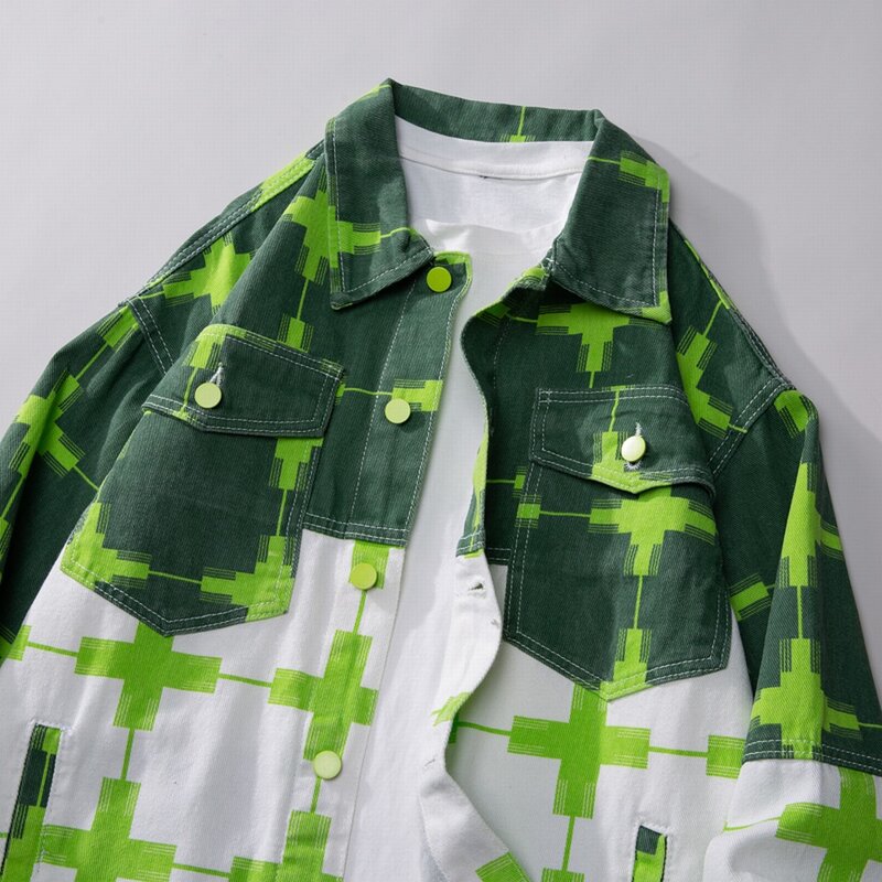 Spring Autumn Y2K Cross Print Green White Spliced Denim Jackets Loose Streetwear Jaqueta Jeans Chaquetas Hombre Masculina Coats