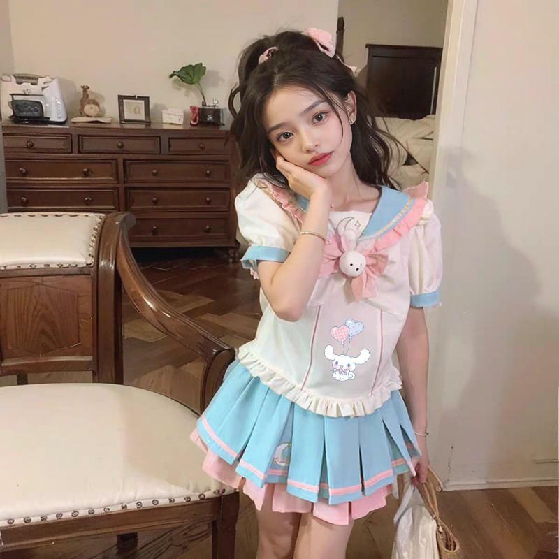 Kawaii Sanrios Cinnamoroll Lolita Jk feminino conjunto uniforme, saia plissada de manga curta infantil, doce vestido de princesa, presentes de verão