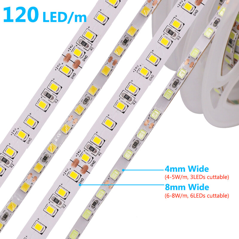 Tira de luces LED de 12V, 4mm, 8mm, 120LED/m, cinta Flexible de luz blanca cálida/Natural/fría para decoración del hogar, iluminación de cocina, 2835