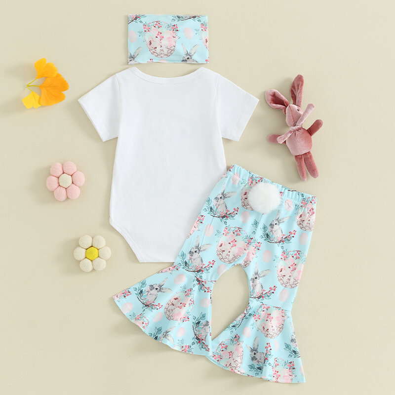Baby Girl Easter Outfit Letter Bunny Print Short Sleeve Romper Flared Pants Bell Bottoms Headband Summer Clothes