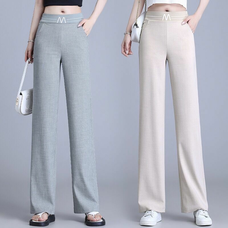 Ice Silk Cotton Linen Narrow Wide-Leg Pants Women's Summer office Pants Female Thin High Waist Slimming Suit Casual Pants