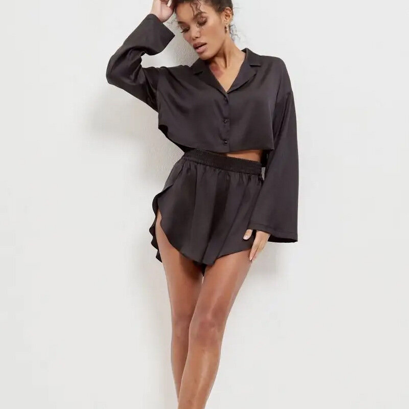 Casual Women's Homewear Suit Loose Lapel Short Section Long-sleeved Shorts Women's Two Pieces Set Nightgowns for Sleeping