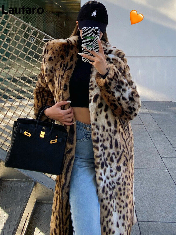 Lautaro zima długa, ciepła gruba Leopard puszysty płaszcz ze sztucznego futra kobiet grafika z tygrysem Runway luźne luksusowy projektant odzieży kobiet 2022