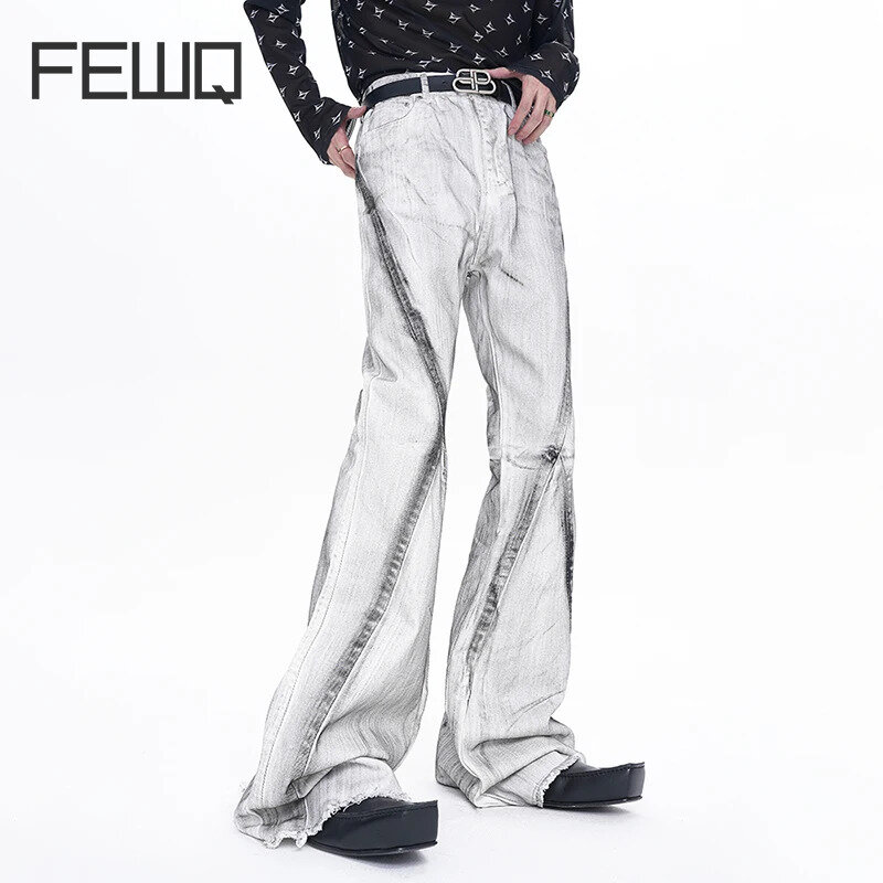 FEWQ celana panjang grafiti pria, celana Jeans gaya Retro Amerika High Street Vintage Musim Panas 2024 24X9094