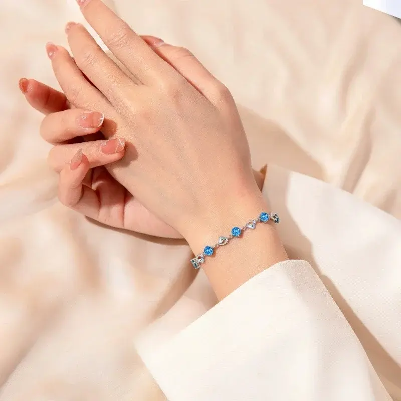 Bracelet en forme de cœur en argent regardé 925 pour femme, bracelets à breloques en cristal bleu, bijoux de fête originaux, rétro coréen, polyvalent